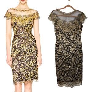 Marchesa Gold Black Embellished Floral Lace Cocktail Dress Metallic Size 6